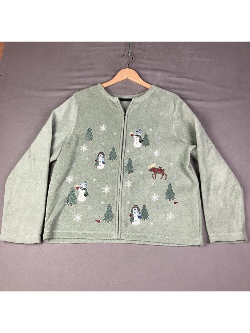 Croft & Barrow Women’s L Light Green Zip Fleece Jacket Snowman Christmas Winter